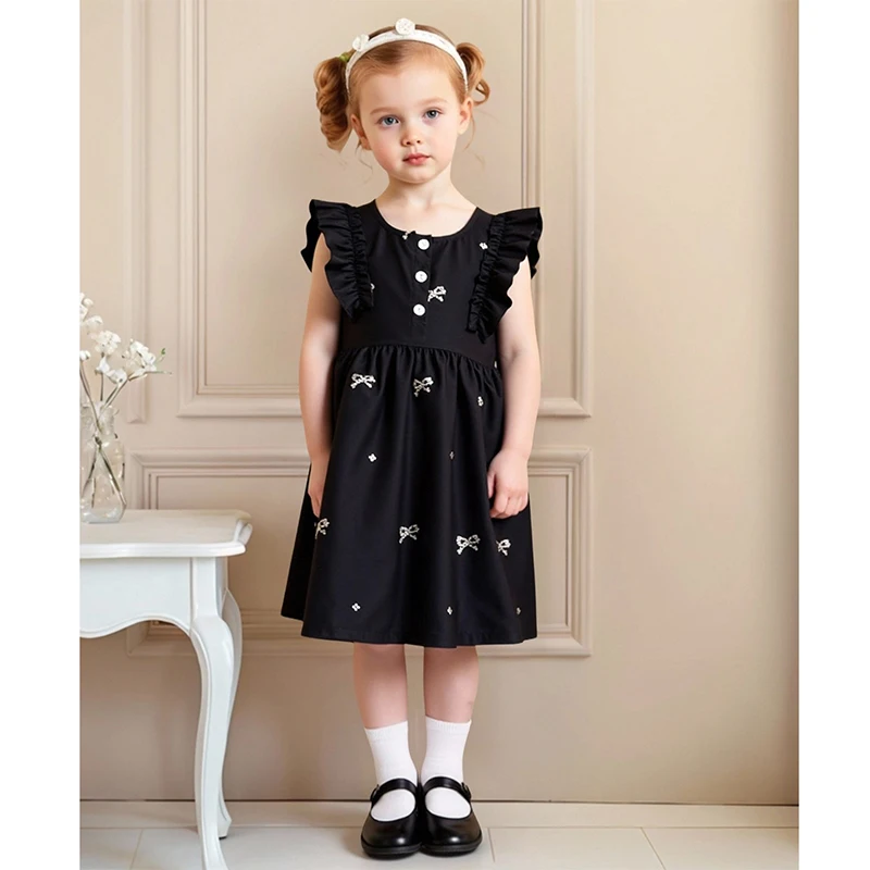 Mädchen Schleife bestickte Kleidung neue Sommer Baby Mädchen Kleid Rundhals kleine fliegende Ärmel Prinzessin Kleid blau Kinderkleid Image