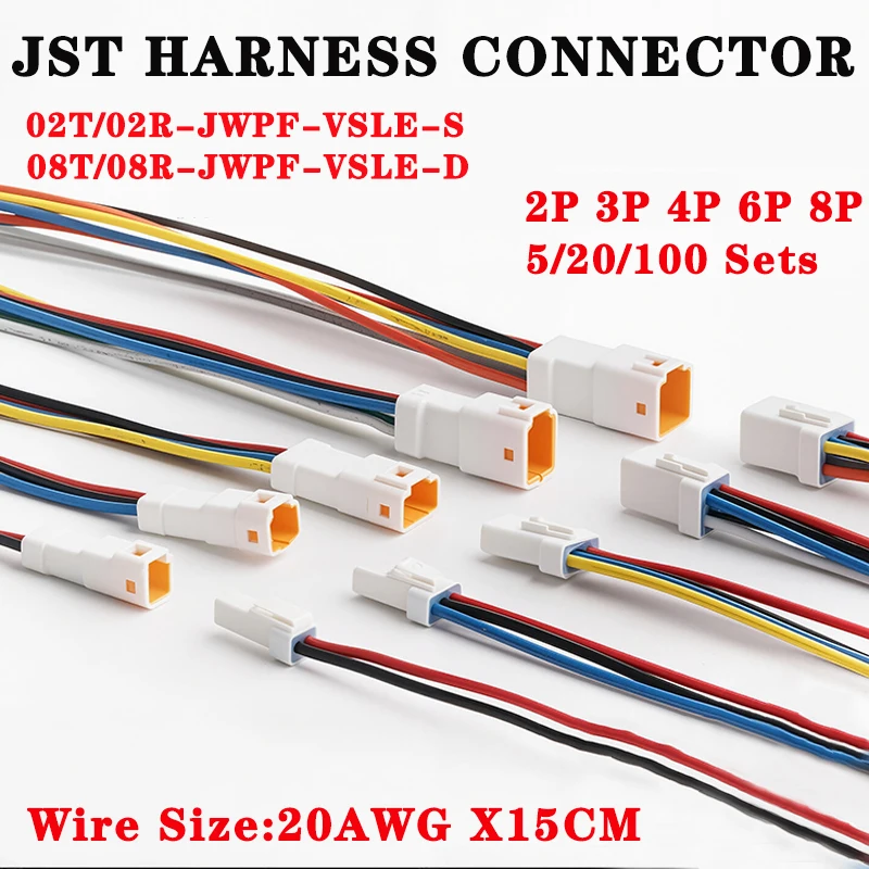 5/20/100sets JST JWPF Wasserdichte 4P 6P 8P Draht Stecker Männliche Und Weibliche Buchse Mit Kabel 20awg/0,5 m 2 Kabelbaum 02t/02r/03t/03r Image