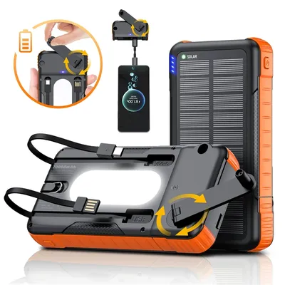 Handkurbel Solar Power Bank 20000 mAh mit Kabel LED-Licht Outdoor Solar Lade Powerbank für iPhone 16 Xiaomi Samsung Huawei