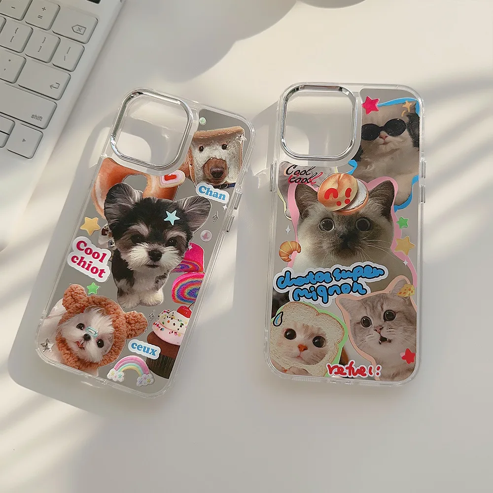 Koreanische süße Katze Hund Überzug Make-up Spiegel Telefon Fall für iPhone 16 11 12 13 14 15 Pro Max Diamant Aufkleber stoßfest Abdeckung Image