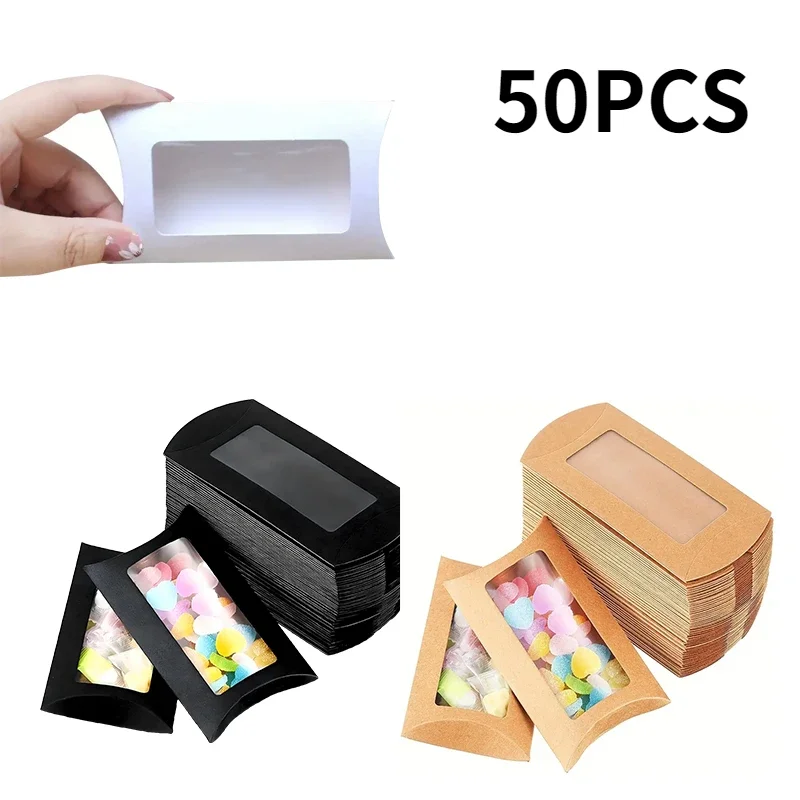 50 Stück Papierkissen-Geschenkbox, transparente PVC-Fensterbox, verwendet für Geburtstagsfeiern, Weihnachten, Hochzeit, Verpackung, Schmuck, Süßigkeiten Image