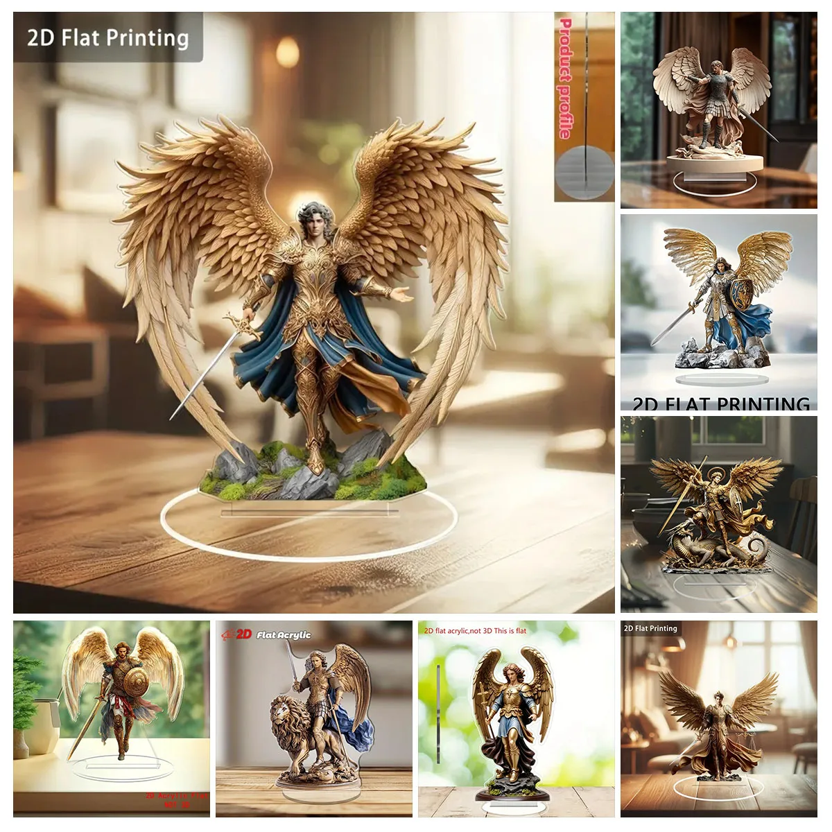 Golden Winged Erzengel Michael 2D flacher Acrylständer Tischdekoration, Zuhause, Büro, Café, Zimmer, Studio, Desktop-Ornament-Schild, Geschenk Image