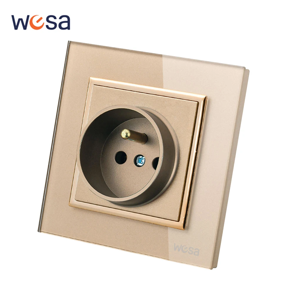 Goldene Steckdosen, Steckdosen mit geschliffener Kristallplatte aus gehärtetem Glas, Frankreich, Standard-Wandsteckdose, flammhemmend, 250 V Image