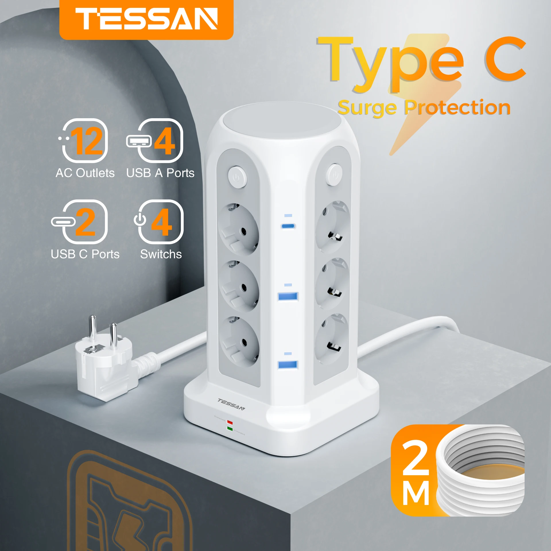 TESSAN Steckdosenleiste mit mehreren Steckdosen, 12 Steckdosen, 4 USBs, 2 Typ C, 4 Schalter, 18-in-1-Turmsteckdose, Überspannungsschutz, 2 m Verlängerungskabel Image