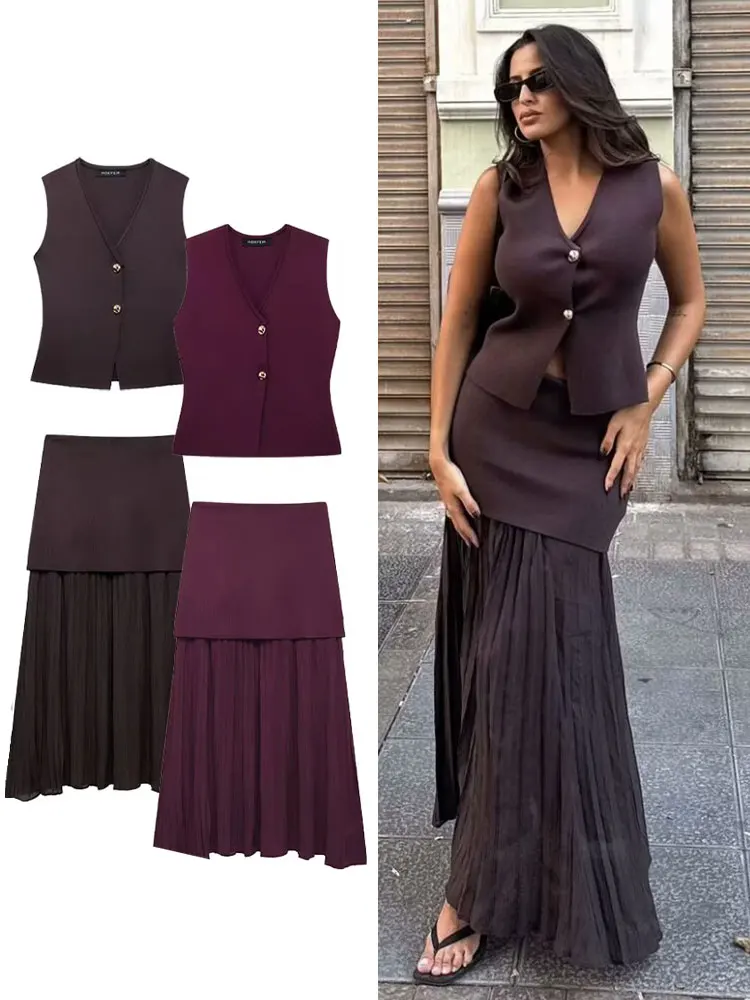 HH Frauen Elegante Solide 2-teiliges Set Gestrickte Dünne Weste Tops Hohe Taille Patchwork Röcke 2025 Sommer Casual Büro Dame anzüge Image