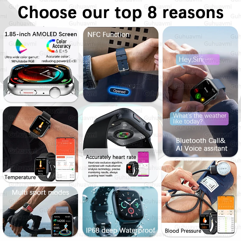 Gesundheit Smartwatch Männer 1,85'' AMOLED Bildschirm Herzfrequenz Blutdruck Körpertemperatur Bluetooth Anruf NFC Smart Watch Image