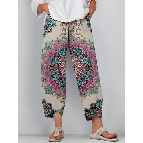 Damen Chinos Baggy-Hosen Strandshorts Urlaub Vintage Ethno-Stil Knöchellang Hohe Taille Grafik Kordelzug Patchwork Drucken Thermowarm Weich Atmungsaktiv Mikroelastisch Lässig Täglich Urlaub Rubinrot Image