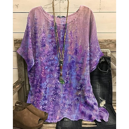 Damen Hemd T Shirt T-Shirt Druck Blumen Elegant Mode Modern Kurzarm Rundhalsausschnitt Normale Oberteile Täglich Wochenende Weiß Gelb Hellgrün Purpur Grün Sommer Image