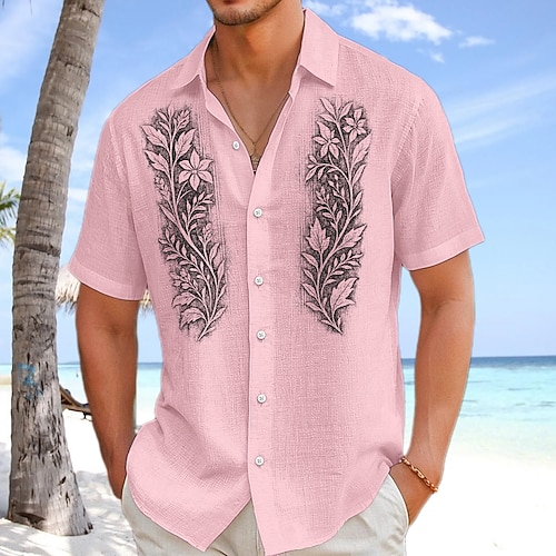 Herren Hemd Leinenhemd Sommerhemd Strandbekleidung Knopfhemd Einfarbig Urlaub Kreuzfahrt Schwarz Weiß Rosa Marineblau Kurzarm Kragen Sommer Frühling Sommer Bekleidung Farbblock Image