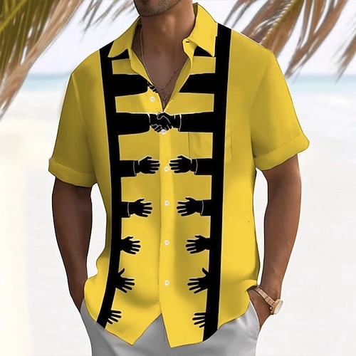 Herren Gestreift Lustig Händeschütteln Hemd Sommerhemd Knopfhemd Kurzarm Modisch lässig Outdoor Urlaub Alltagskleidung Sommer Frühling Umlegekragen 3D-Druck Hemden mit Kragen Eine Tasche vorne Gelb Image