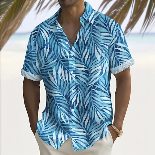 Herren Palmblatt Tropische Pflanzen Sommer Hawaiihemd Knopfhemd Alohahemd Kurzarm Hawaiianisch Ferien Strandbekleidung Sommer Frühling Umlegekragen 3D-Druck Hemden mit Kragen Eine Tasche vorne Wei Image