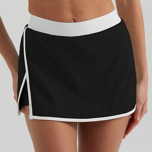 Damen Patchwork Lässiger Rock Tennisröcke mit Shorts Kontrastbindung Geteilt Feuchtigkeitsableitend Atmungsaktiv Tennis Golfspiel Pickleball Schwarz Weiß Dunkelmarine Tennisbekleidung Image