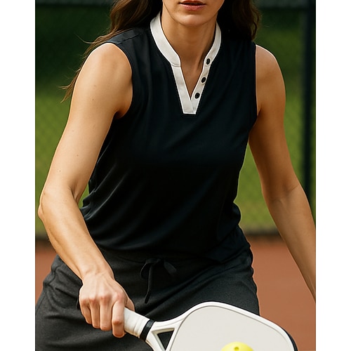 Damen Patchwork Tennistop Ärmellos Kontrastbindung Atmungsaktiv Tennis Pickleball V Ausschnitt Oberteil Schwarz Tennisbekleidung Image