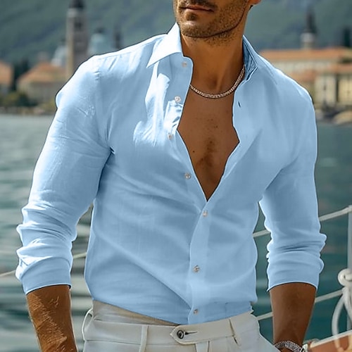 Herren Hemd Leinenhemd Freizeithemd Knopfhemd Baumwollhemd Einfach Urlaub Hawaiianisch Schwarz Weiß Rosa Grau Langarm Revers Frühling Herbst Bekleidung Image