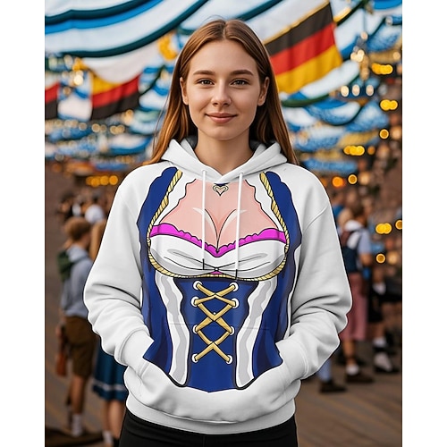 Kapuzensweatshirt Druck Lässig Bayerisch Bischofsärmel Fronttasche Grafik für Damen Erwachsene 3D-Druck für Karneval Oktoberfestbier Urlaub Party Image