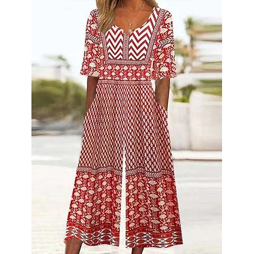 Damen Normal Overall Aktiv Blumen Dreiviertelarm Weites Bein V Ausschnitt Hohe Taille Urlaub Täglich Normale Passform Schwarz Rote Blau Sommer Image