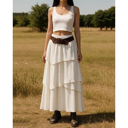 Damen Rock A-Linie Schwingend Lässig Boho Maxi Hohe Taille Röcke Einfarbig Patchwork Urlaub Ferien Weiß Sommer Polyester
