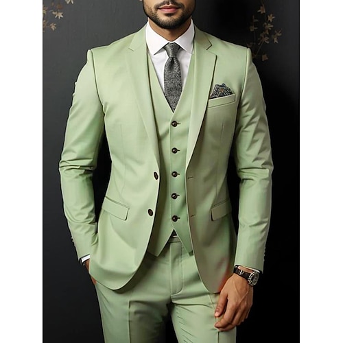 Herren Anzüge Strandhochzeit Frühlingshochzeit Salbei Frühling Sommer Anzug Gekerbtes Revers Mode Formell Einfarbig Standard Passform 3-teilig Einreihige Zwei-Knopf-Jacke Image