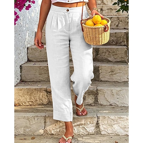 Damen Kunstbaumwollleinen Stoffhosen Mode Streetwear Volle Länge Natürliche Taille Einfach Tasche Elastischer Bund Außenbereich Bequem Outdoor Ausgehen Hellgelb Schwarz Weiß Grün Sommer Normale Image