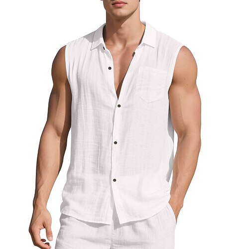 Herren Hemd Leinenhemd Sommerhemd Strandbekleidung Ärmelloses Shirt Einfarbig Urlaub Straße Schwarz Weiß Grün Khaki Ärmellos Hemdkragen Sommer Frühling Bekleidung Tasche
