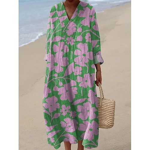 Abito midi da donna con scollo a V maniche lunghe kaftano leggero vestibilità ampia abito a trapezio casual boho festa uscita grafica floreale maniche lunghe scollo a V grigio verde rosa scuro bianco