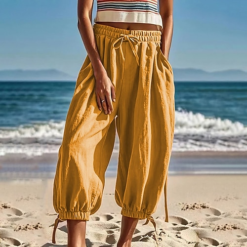 Damen Hose aus Baumwollleinen Stoffhosen Mode Streetwear Volle Länge Natürliche Taille Einfach Tasche Elastisches Kordelzugdesign Außenbereich Bequem Straße Ausgehen Rotblond Sommer Normale Passform Image