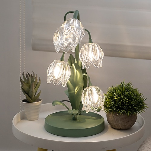 Grüne Tulpentischlampe, Vintage-Blumen-Nachttischlampe, G4-LED-Lampen, elegante florale Nachttischlampe für Schlafzimmer, Wohnzimmer, Büro, Lesen Image