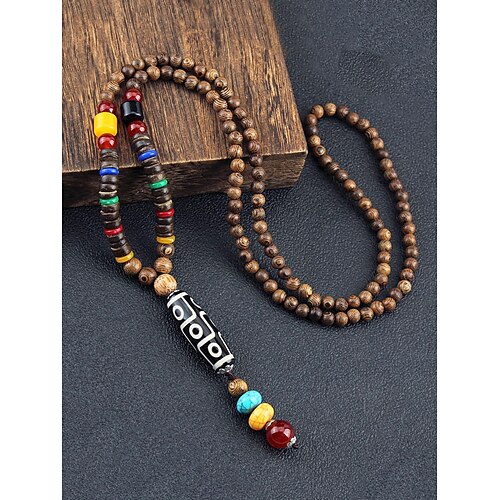 Herrenkette aus Naturholzperlen mit tibetischem Totem-Anhänger, langer Kettenschmuck im Boho-Ethno-Stil für Meditation, Yoga, spirituelle Zusammenkünfte und lässige Sommeroutfits Image
