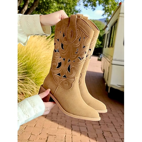 Beige Western-Cowboystiefel mit Cut-outs für Damen – bestickte Stiefel mit Blockabsatz und mittlerer Wadenhöhe für Country-Events, Rodeos und Festivalmode Image