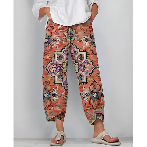 Damen Chinos Baggy-Hosen Strandshorts Urlaub Vintage Ethno-Stil Knöchellang Hohe Taille Grafik Kordelzug Patchwork Drucken Thermowarm Weich Atmungsaktiv Mikroelastisch Lässig Täglich Urlaub Rubinrot Image