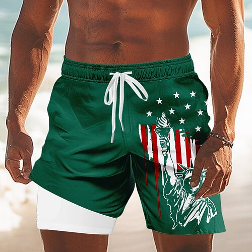 Tag der Unabhängigkeit Herren Flagge 250. Jahrestag des Unabhängigkeitstages der USA am 4. Juli Freiheitsstatue Gefütterte Shorts 2 in 1 Badeshorts Badehosen Mittlere Taille Ferien Seitentaschen Mit Image