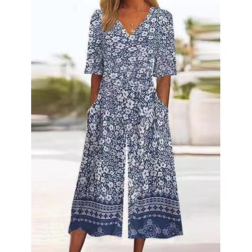 Damen Normal Overall Aktiv Blumen Dreiviertelarm Weites Bein V Ausschnitt Hohe Taille Urlaub Täglich Normale Passform Schwarz Rote Blau Sommer Image