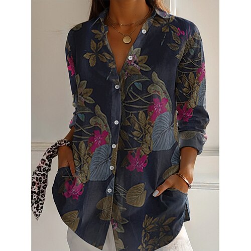Camicia da donna in stile boho, in cotone e lino, con bottoni, floreale, geometrica, basica, casual, a maniche lunghe, blu reale, viola, kaki, tela, per casa, feste, elegante, neutra, per tutti i giorni, colletto, vestibilità ampia, taglia S