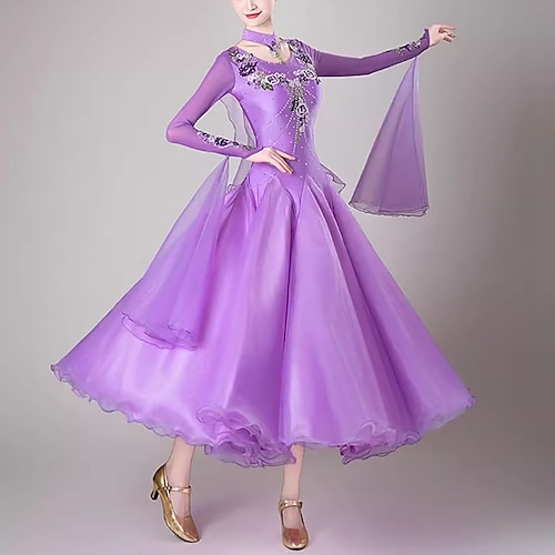 Gesellschaftstanz Kleid Stickerei Spleißen Kristalle / Strasssteine Damen Leistung Party Langarm Spandex Organza Image