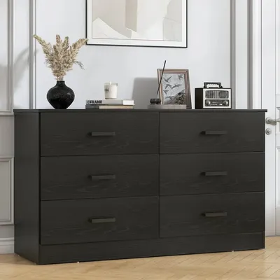 6 Drawer Black Double Dresser,Wood Storage Cabinet with Easy Pull Out Handles for Living Room,Chest