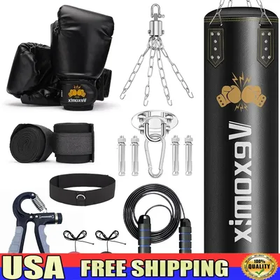 4FT PU Punching Bag with Gloves Hand Wraps Jump Rope Grip Strengthener Boxing MMA Kickboxing