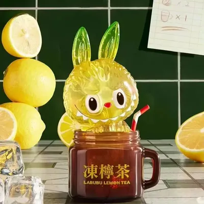 Genuine Labubu Lemon Tea Anime Figure Trendy Toys Cute Labubu Collection Model Doll Hanging Card