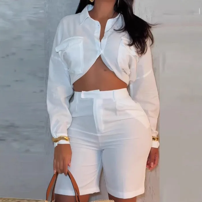Elegante set a due pezzi donna estate 2025 nuova camicia rivelatrice in vita a maniche lunghe allentata solida e abito mezzo pantalone a vita alta