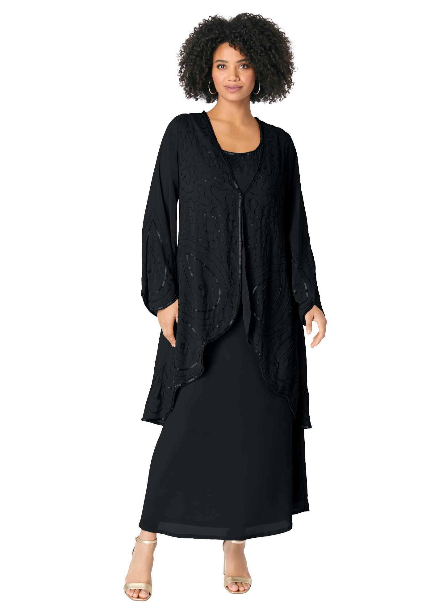 Plus Size Women's Plus-Size 2 piece Long Sleeve Beaded Georgette Gown Set with Detachable Jacket by Roaman's in Black (Size 38 W)