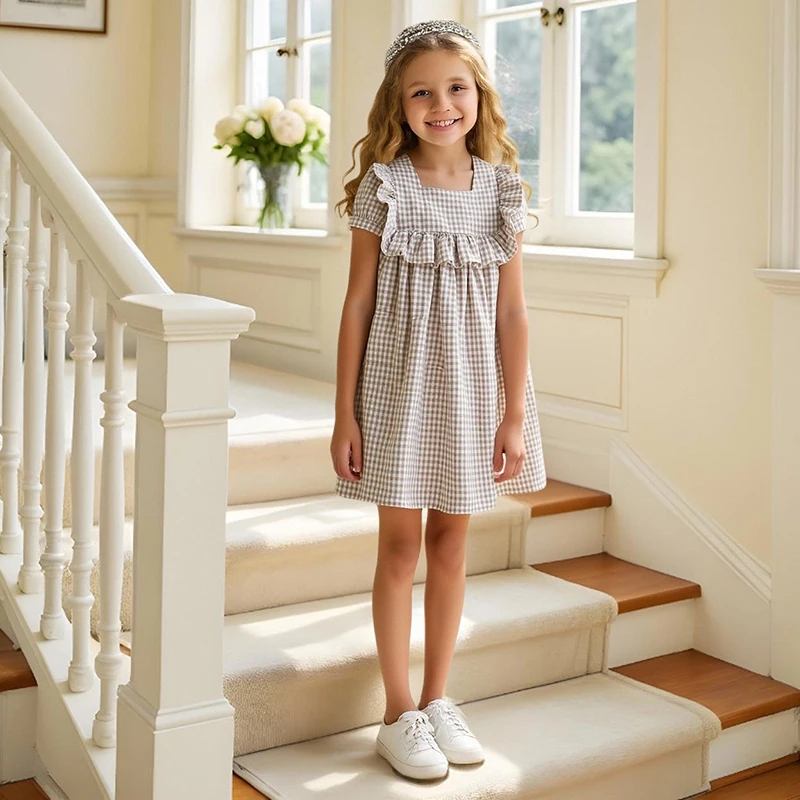 Sommer Baby Mädchen Gestreiften Kleider Plaid Fliegen Sleeve Geburtstag Party Kleid Kinder Elegante Rüschen Kleidung Baumwolle Mädchen Kleidung Image