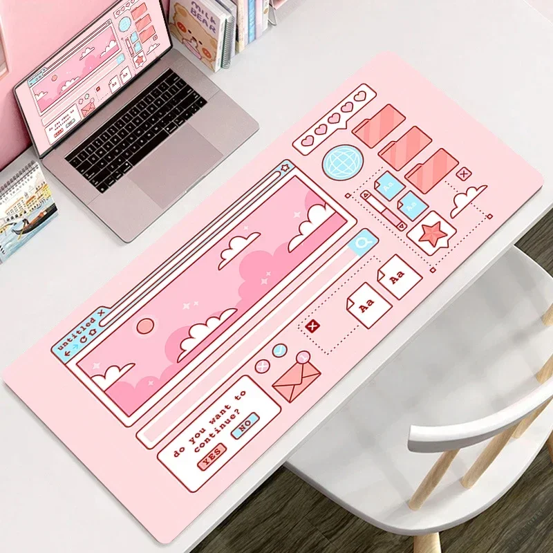 Anime-Teppich, niedliches Cartoon-Schreibtischunterlage, Gitter, rosa, Vaporwave, großes Mauspad, Mauspad, 900 x 400, Gaming-Bürotisch-Pads, Laptop-Mauspads Image