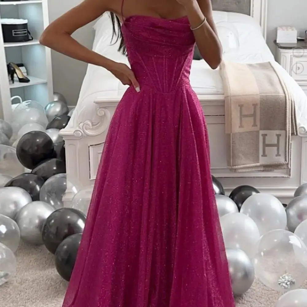 Rückenfreies Abendkleid für Abschlussball, Party, Brautkleid, Spaghettiträger, Pailletten, ärmellos, bodenlang, Ballkleid, plissiertes Kleid Image