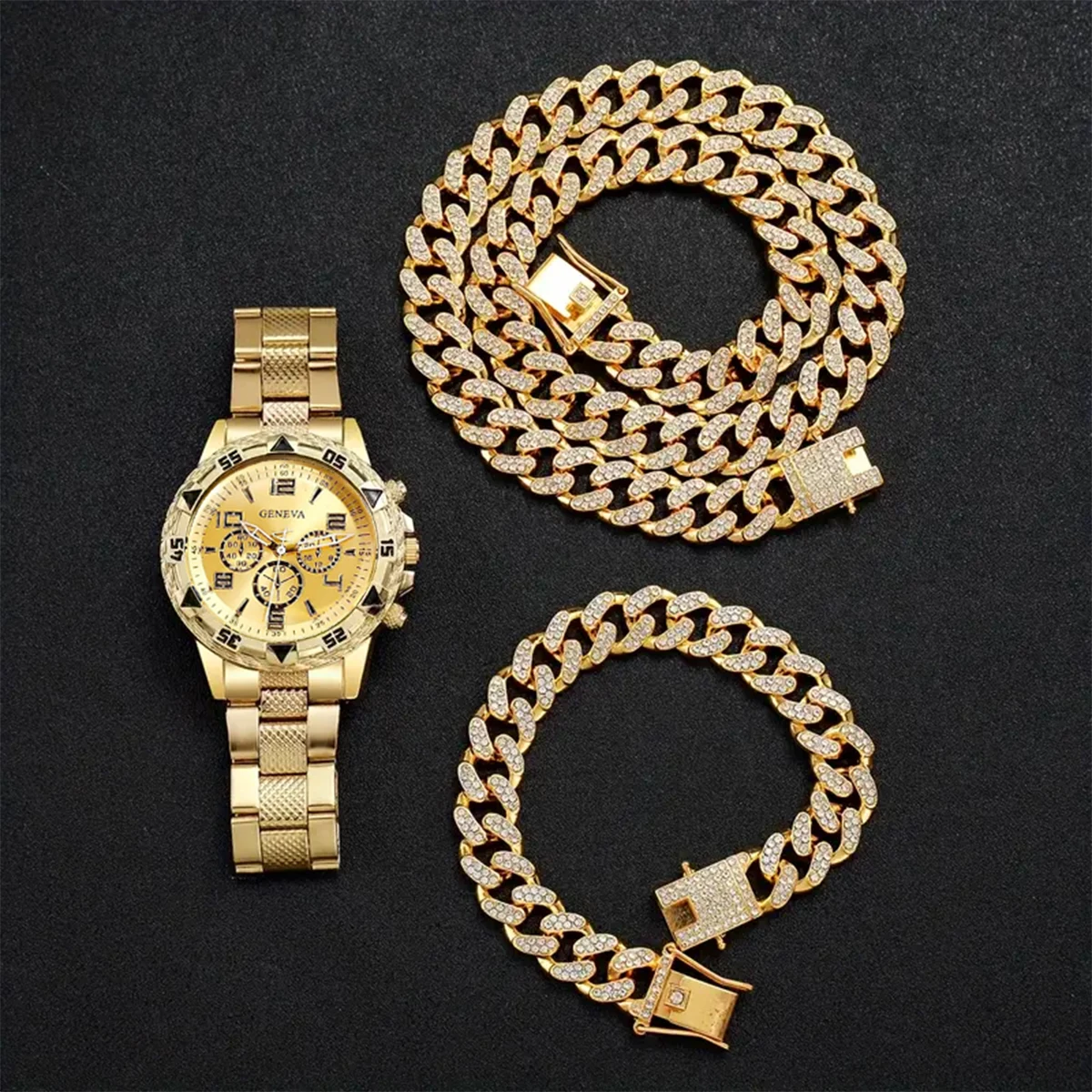 Business-Herren-Quarzuhr mit Stahlarmband und kubanischem Volldiamant-Halskettenarmband-Set – das beste Geburtstagsgeschenk für ihn Image