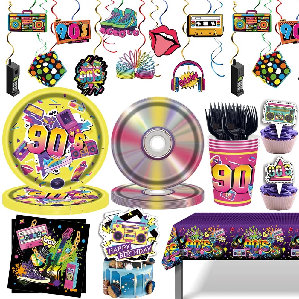 90er Jahre Retro Thema Party Dekor Einweggeschirr Teller Tassen Servietten Tischdecke Kuchen Topper Disco Musik Party Dekorationen Image