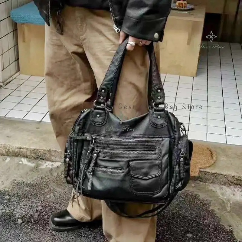 Y2k Frauen Schwarz Vintage Schulter Taschen Punk Gothic Umhängetasche Multi Tasche Handtaschen PU Leder Mode Große Kapazität Einkaufstasche