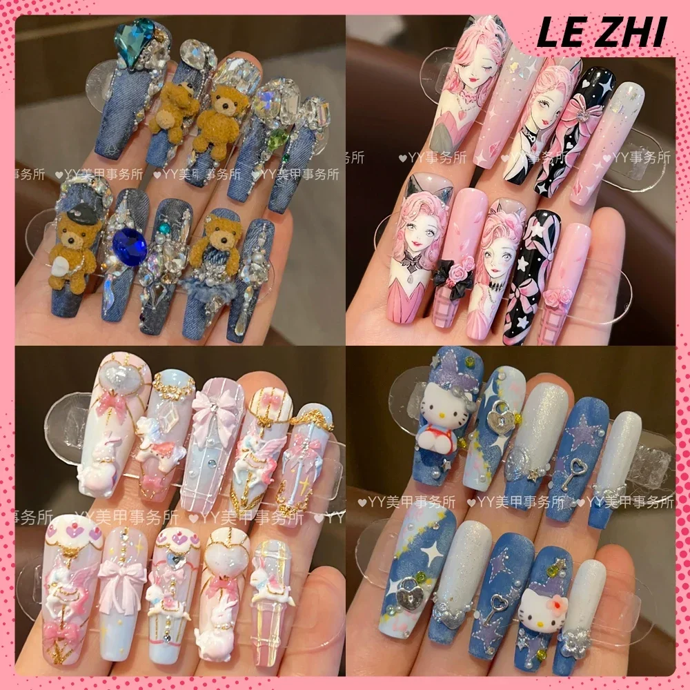 Cartoon süßer Cowboy Hello Kitty handgemachte 3D Press On Nails Art Long Coffin Bear Dreamland elegante Schwanenblume falsche Nägel Geschenk Image