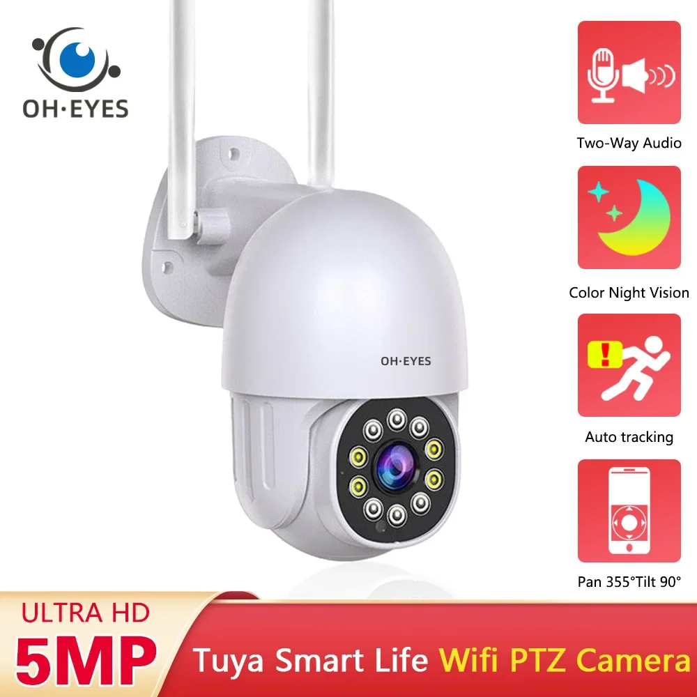 Tuya Wifi PTZ IP Sicherheit Kamera Outdoor 5MP Smart Leben Farbe Nachtsicht Drahtlose CCTV Video Überwachung Kamera 2 Weg audio Image