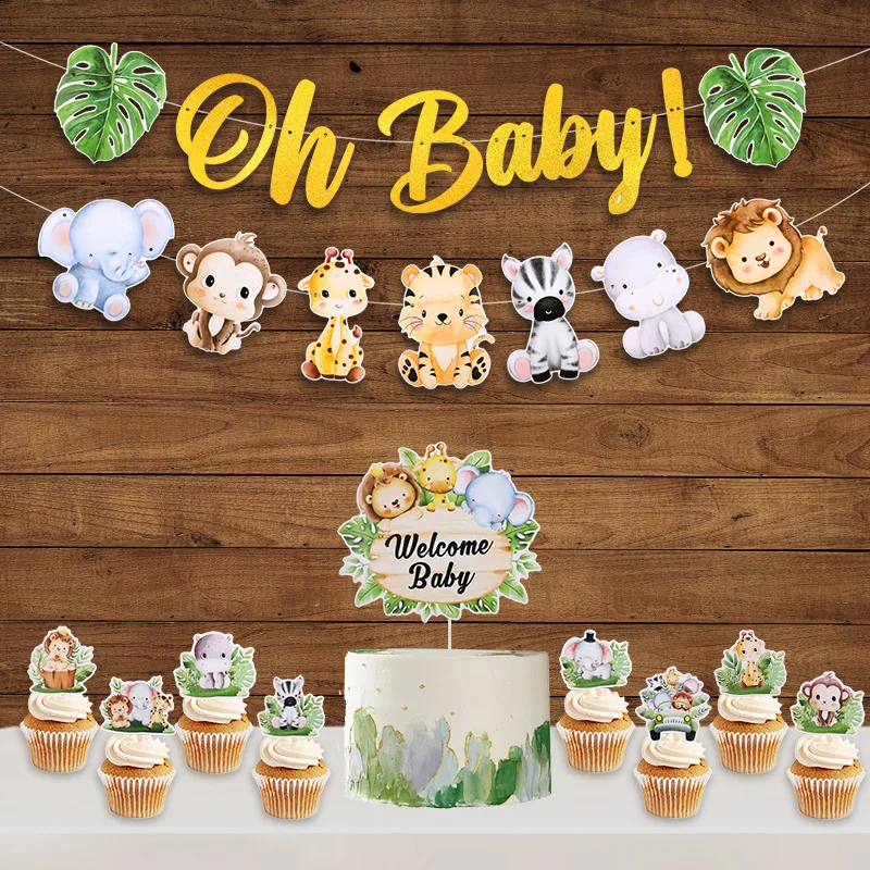 Safari Baby Dusche Dekoration Oh Baby Banner Dschungel Cartoon Tier Cupcake Topper Kinder Geburtstag Party Gefälligkeiten Dekor Liefert Image