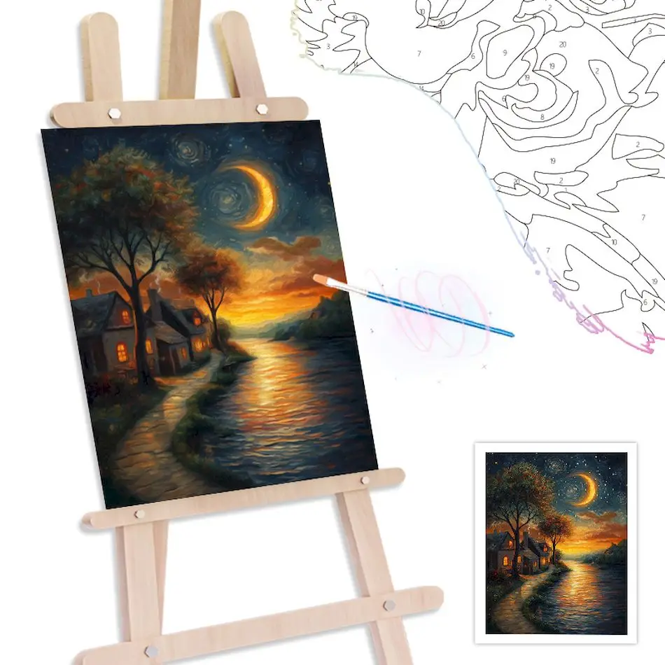 RUOPOTY Gemälde zum Malen nach Zahlen, Nachtmond, Landschaft, Malen für Erwachsene, Wandkunst, Bild, Aquarellfarbe nach Zahlen Image