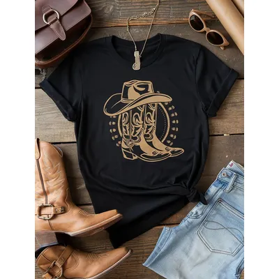 Women'S Casual Black Washed T-Shirt with Western Cowboy Boot & Hat Print Perfect for Spring/Summer Western T Shirts